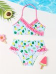 2PCS Girls Flamingo Fruit Print Halter Swimsuit Ruffle Trim 2-PIECE Split Swimwear For Pool Beach Vacation Outfit Summer
