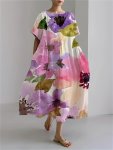 Plus Size Floral Print Loose Longline Dress Casual Short Sleeve Crew Neck Dress For Spring & Summer Women's Plus Size Clothing