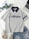 California Letter Print Casual Polo Collar T-Shirt Polyester Spandex Blend Machine Washable Summer Wear