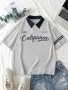 California Letter Print Casual Polo Collar T-Shirt Polyester Spandex Blend Machine Washable Summer Wear