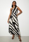 Asymmetric Sunray Pleated Maxi Dress - Black Ecru Macro Zebra