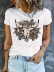 Bull Skull Print T-Shirt Short Sleeve Crew Neck Casual Top For Summer & Spring Women's Clothing