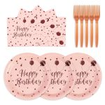 75PCS Happy Birthday Paper Plates - 7 Inch Rose Gold Dot Paper Plates And 6.5 Inch Napkins With 6.3 Inch Gold Forks Disposable T