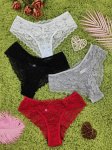 4 Pcs Women's Elegant Sheer Jacquard Lace Bikini Panties Mid Stretch Low Waist Panties Women's Lingerie & Underwear