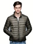 Men's Solid Puffer Coat With Pockets Casual Breathable Stand Collar Zip Up Long Sleeve Warm Coat For Winter Outdoor Activities