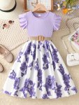 Vacation Style Girls Floral Stitching Ribbed Flutter Sleeve Summer Casual Dress