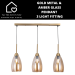 Goldair Gold Metal & Amber Glass Pendant 3LIGHT Fitting