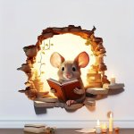 3D Reading Mouse Wall Decal Animal Theme Decorative Sticker For Kitchen Living Room Bedroom - Contemporary Style Plastic Wall Mu