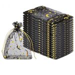 Xmhytop 100 Pieces Moon Star Organza Jewelry Candy Bags 4X6 Inch Black Organza Pouch Small Gift Bags With Drawstring For Christm