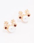 Goldair Gold Pearl Reindeer Stud Earrings