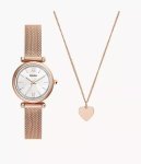 Fossil Carlie Three-hand Rose Gold-tone Stainless Steel Mesh Woman's Watch And Necklace Box Set ES5314SET