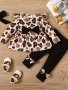 3PCS Baby Girls Stylish Outfit - Leopard Print Flying Sleeve Top + Bow Elastic Pants Set With Headband