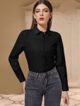 Solid Collared Simple Shirt Casual Long Sleeve Slim Shirt For Office & Work Women's Clothing