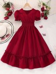 Elegant Girls V-neck Solid Color Puff Sleeve Midi Dress Spring summer Vacation Party Dresses Gift