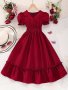 Elegant Girls V-neck Solid Color Puff Sleeve Midi Dress Spring/Summer Vacation Party Dresses Gift