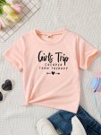 Girls Trip Letter Print Girls Creative T-Shirt Casual Lightweight Comfy Short Sleeve Crew Neck Tee Tops Kids Clothings For Summe