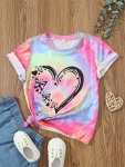 Tie Dye Heart Print Crew Neck Short Sleeve T-Shirt For Girls Summer
