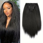 Kinky Straight Clip Synthetic Hair Extensions: 35.56 45.72 55.88 Cm Lengths 1B Color Can Be Straightened And Rolled - Perfect Fo