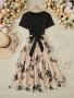 Butterfly Print Crew Neck Dress Elegant Short Sleeve Belted A-line Mesh Overlay Dress For Spring & Summer Women's Clothing