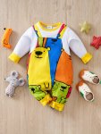 Baby's Cartoon Colorful Bear Pattern Faux Two-piece Casual Long Sleeve Romper Toddler & Infant Boy's Bodysuit