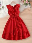 Gorgeous V-neck Frill Trim Sleeveless Dress For Girls Comfy Holiday Casual Dresses Summer Clothing Gift
