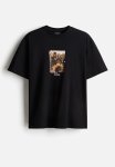 Loose Fit Printed T-Shirt - Black sunflowers