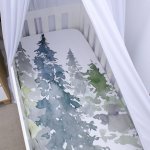 Cot Fitted Sheet Watercolor Trees Monochrome Sage Woodlands Dotted Set