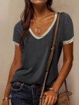 Contrast Trim V-neck T-Shirt Casual Short Sleeve T-Shirt For Spring & Summer Women's Clothing