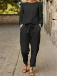 Elegant Solid Color Pants Set Crew Neck Long Blouse & Belted Straight Leg Pockets Pants Women's Clothing