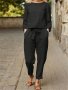 Elegant Solid Color Pants Set Crew Neck Long Blouse & Belted Straight Leg Pockets Pants Women's Clothing