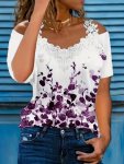 Floral Print Cold Shoulder T-Shirt Casual Lace Strap Short Sleeve T-Shirt For Spring & Summer Women's Clothing