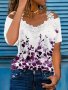 Floral Print Cold Shoulder T-Shirt Casual Lace Strap Short Sleeve T-Shirt For Spring & Summer Women's Clothing