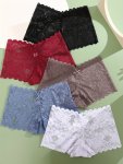 5PCS Solid Seamless Floral Lace Semi Sheer Boyshorts Sexy Comfy Breathable Stretchy Intimates Panties Women's Lingerie & Underwe