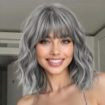 Nnzes Short Wavy Bob Wig With Bangs For Women Shoulder Length Curly Salt-and-pepper Synthetic Heat-resistant Fiber Hair For Dail