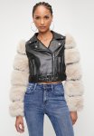 Sissy Boy Festival: Faux Leather Biker With Faux Fur Sleeve Combo Jacket - Black Stone