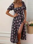 Floral Print Square Neck Dress Elegant Short Sleeve Split Hem A-line Dress For Spring & Summer Women's Clothing