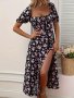 Floral Print Square Neck Dress Elegant Short Sleeve Split Hem A-line Dress For Spring & Summer Women's Clothing