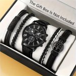 5PCS SET 1PC Sports Men's Round Dial Quartz Watch & 4PCS Life Tree Woven Bracelets Set Father's Day Gift For Dad Valentine's Day