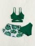 Plain Green Crisscross Bikini With Lea Print Drawstring Cover Up Skirt 3 Piece Set Swimsuits Women's Swimwear & Clothing