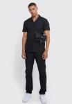 Short Sleeve Regular Tech Stretch Shirt And Slim Trouser - Black