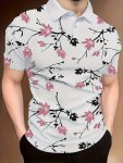 Men's Floral Pattern Short Sleeve Henley Neck Lapel Shirt Casual And Trendy Sports Tops For Summer Leisurewear