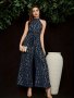 Allover Print Halter Belted Jumpsuit Elegant Sleeveless Loose Jumpsuit For Spring & Summer Women's Clothing