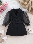 Baby's Trendy Double-breasted Mesh Long Sleeve Dress With Belt Infant & Toddler Girl's Dress For Daily Wear holiday party As Gif