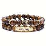2PCS SET Trendy 8MM Tiger Eye Stone Round Beads Elastic Yoga Bracelet For Men Holiday Birthday Gift For Boyfriends Father's Day