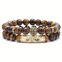 2pcs/set Trendy 8mm Tiger Eye Stone Round Beads Elastic Yoga Bracelet For Men Holiday Birthday Gift For Boyfriends Father's Day Gift