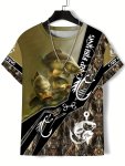 Men's 3D Digital Fishing Theme Pattern And Letter Print Crew Neck And Short Sleeve T-Shirt Chic And Stylish Tops For Summer Fish