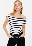 Boat Neck Stretch Knitted Blouse - Black & White
