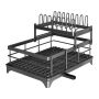 Grey Sleek Double Layer Dish Rack With Drip Tray