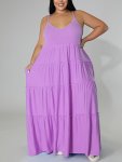 Plus Size Solid Layered Loose Fit Cami Maxi Dress Women's Plus Sexy High Stretch Long Cami Dress