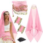 4 Pcs Belly Dance Outfit Sets Belly Dance Chiffon Hip Scarf With Coins Gypsy Head Scarf With Coins 2 Coin Wrist Bracelet 50 Pcs